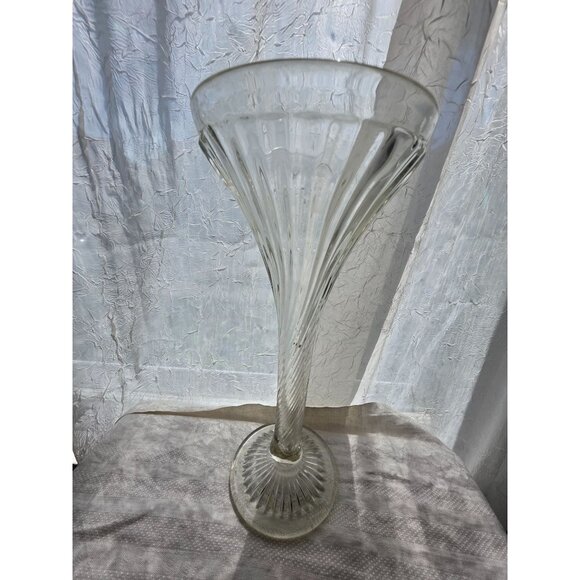 Midcentury Vintage Clear Glass Fluted Trumpet Vase 12" Tall Ribbed Design - Picture 1 of 6